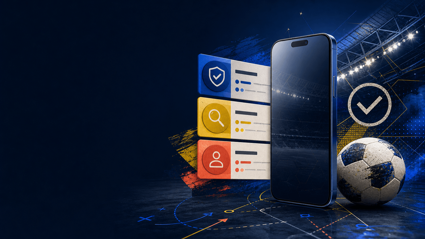 Celular e cartões comparativos ao lado de uma bola em um estádio de futebol