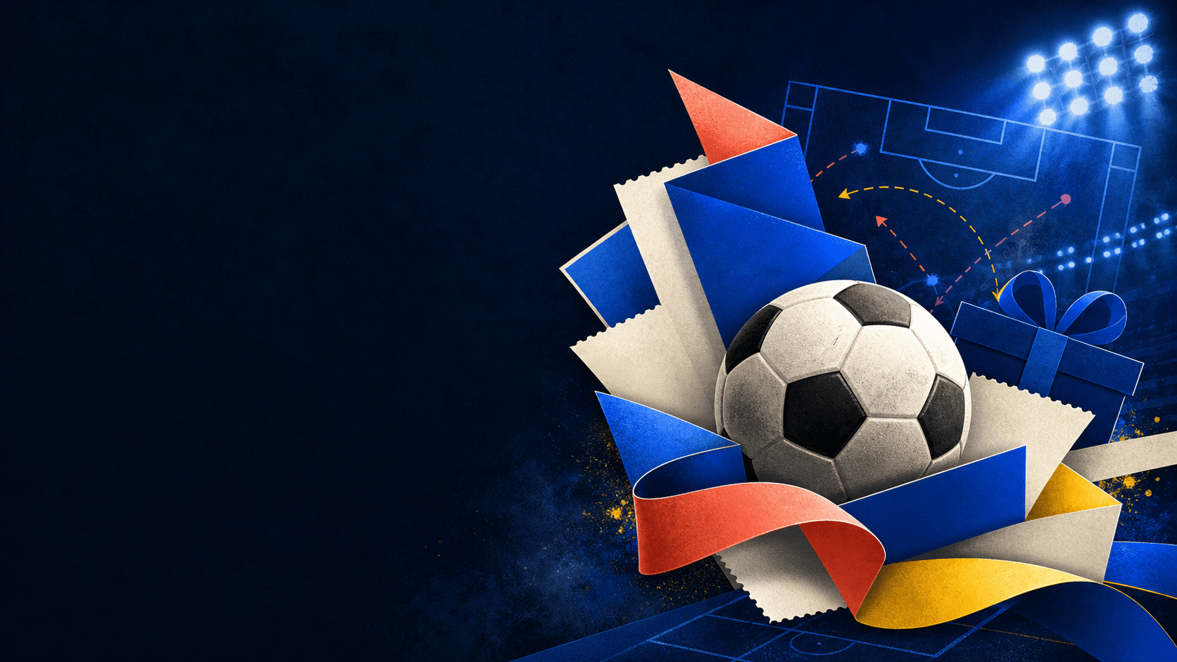 Bola de futebol entre fitas, ingressos e formas de presente em um estádio