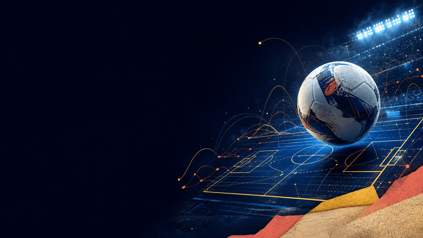Bola de futebol sobre campo tático com linhas de dados e luzes de estádio