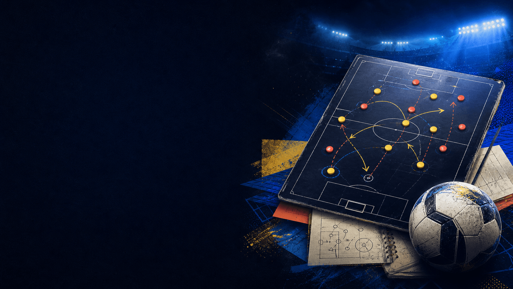 Prancheta tática de futebol com rotas de jogo, caderno e bola